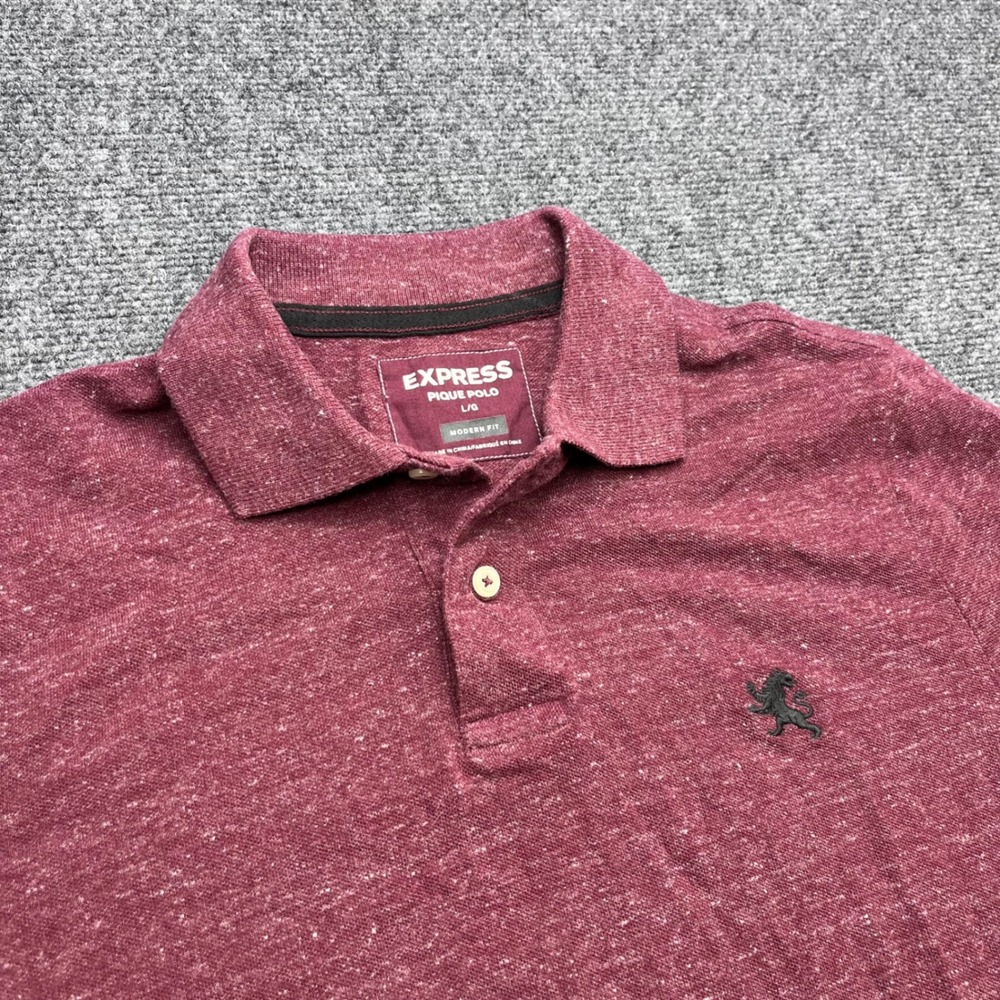 Express Modern Fit Pique Lion Logo Heathered Burgundy Short Sleeve Polo Shirt